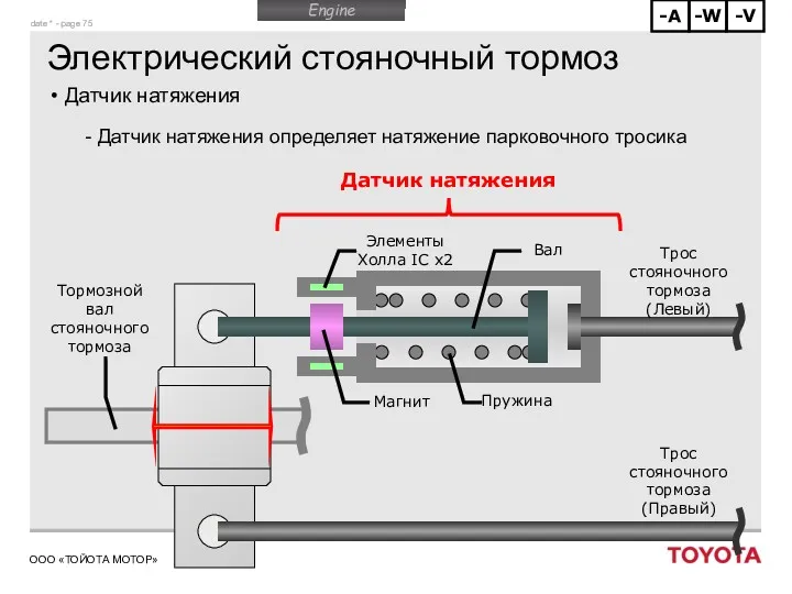 Электрический стояночный тормоз Датчик натяжения Датчик натяжения определяет натяжение парковочного