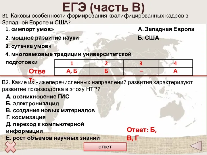 ЕГЭ (часть В) B1. Каковы особенности формирования квалифицированных кадров в Западной Европе и
