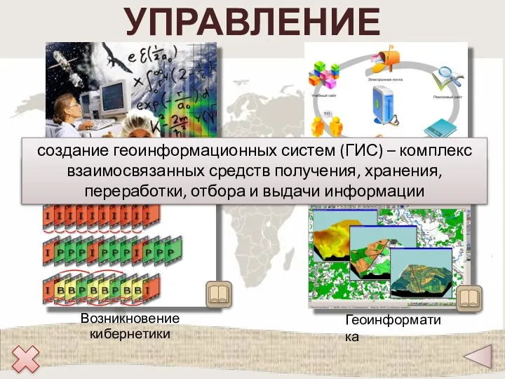 УПРАВЛЕНИЕ Рост объемов научных знаний и информации Геоинформатика Возникновение кибернетики Переход к компьютерной