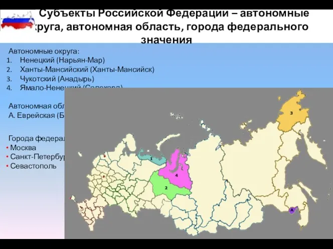 Субъекты Российской Федерации – автономные округа, автономная область, города федерального