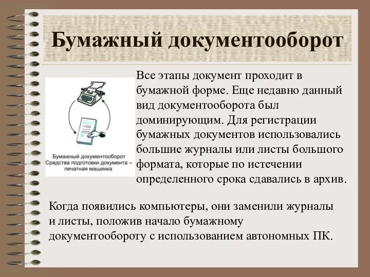 Бумажный документооборот Все этапы документ проходит в бумажной форме. Еще