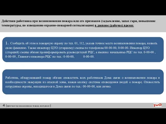 Действия работника при возникновении пожара или его признаков (задымление, запах