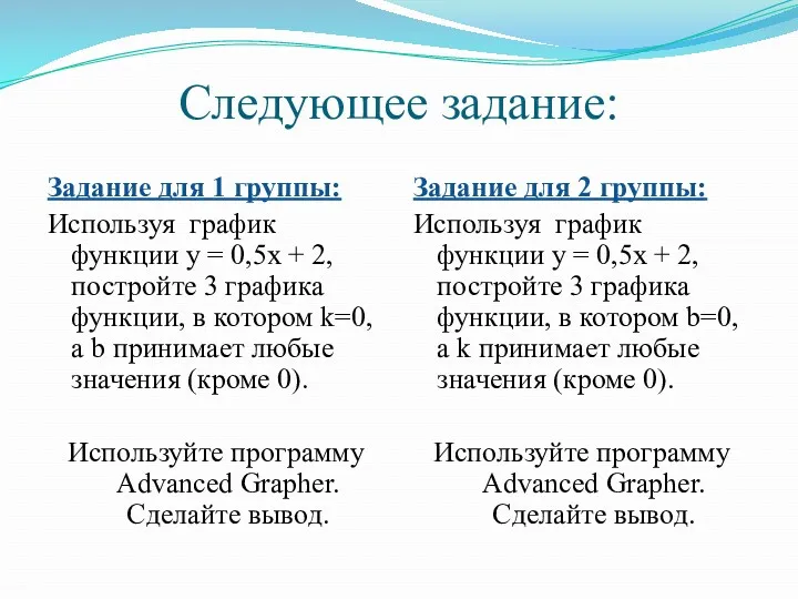 Следующее задание: Задание для 1 группы: Используя график функции y