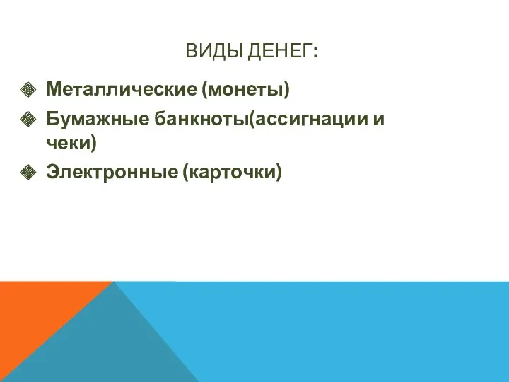 ВИДЫ ДЕНЕГ: Металлические (монеты) Бумажные банкноты(ассигнации и чеки) Электронные (карточки)