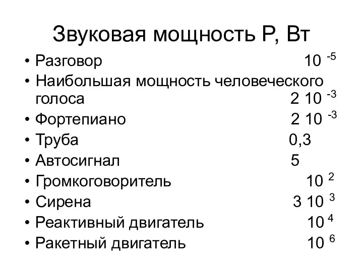 Звуковая мощность P, Вт Разговор 10 -5 Наибольшая мощность человеческого