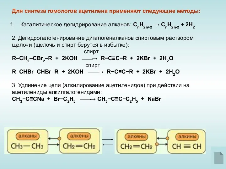 Для синтеза гомологов ацетилена применяют следующие методы: Каталитическое дегидрирование алканов: