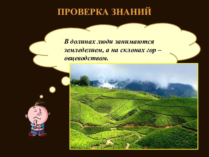 ПРОВЕРКА ЗНАНИЙ Какими видами деятельности занимаются люди, живущие в горах?