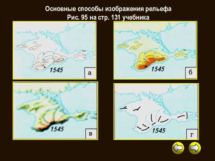 Основные способы изображения рельефа Рис. 95 на стр. 131 учебника