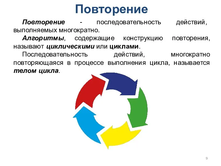 Повторение Повторение - последовательность действий, выполняемых многократно. Алгоритмы, содержащие конструкцию