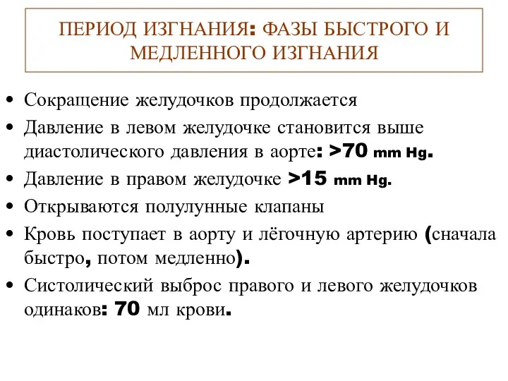 ПЕРИОД ИЗГНАНИЯ: ФАЗЫ БЫСТРОГО И МЕДЛЕННОГО ИЗГНАНИЯ Сокращение желудочков продолжается