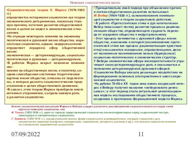 07/09/2022 Немецкая социологическая школа Анализ социологических концепций Маркса и Вебера