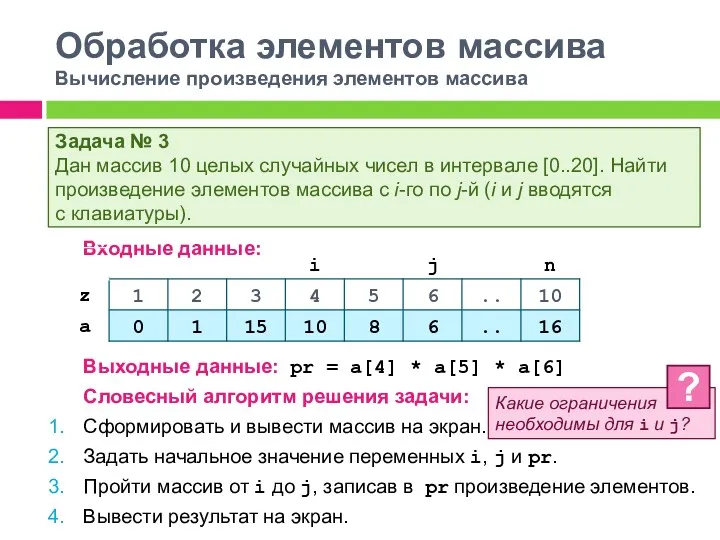 Обработка элементов массива Вычисление произведения элементов массива Входные данные: Выходные