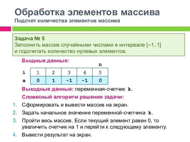 Обработка элементов массива Подсчет количества элементов массива Входные данные: Выходные