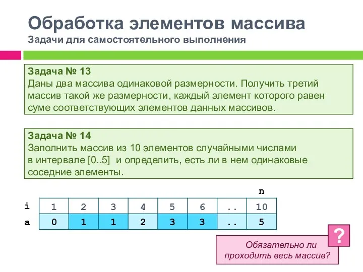 Обработка элементов массива Задачи для самостоятельного выполнения Задача № 13