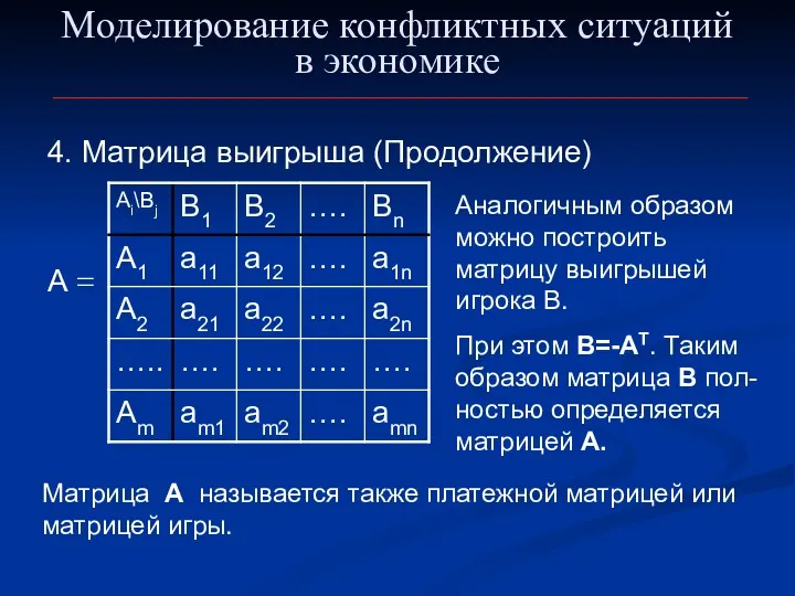 Моделирование конфликтных ситуаций в экономике 4. Матрица выигрыша (Продолжение) А