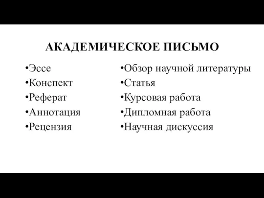 АКАДЕМИЧЕСКОЕ ПИСЬМО Эссе Конспект Реферат Аннотация Рецензия Обзор научной литературы