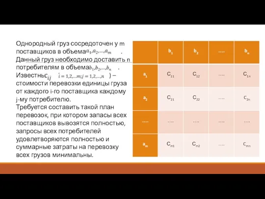 Однородный груз сосредоточен у m поставщиков в объемах . Данный