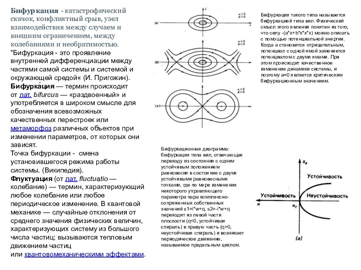 Бифуркация - катастрофический скачок, конфликтный срыв, узел взаимодействия между случаем и внешним ограничением,