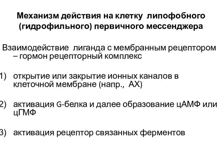 Механизм действия на клетку липофобного (гидрофильного) первичного мессенджера Взаимодействие лиганда