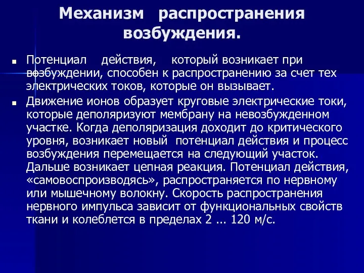 Механизм распространения возбуждения. Потенциал действия, который возникает при возбуждении, способен