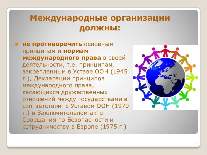 Международные организации должны: не противоречить основным принципам и нормам международного