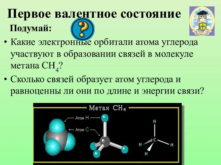 Первое валентное состояние Подумай: Какие электронные орбитали атома углерода участвуют