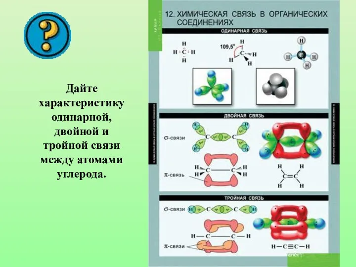 Дайте характеристику одинарной, двойной и тройной связи между атомами углерода.