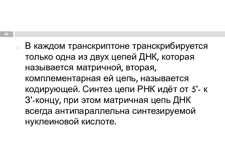 В каждом транскриптоне транскрибируется только одна из двух цепей ДНК,