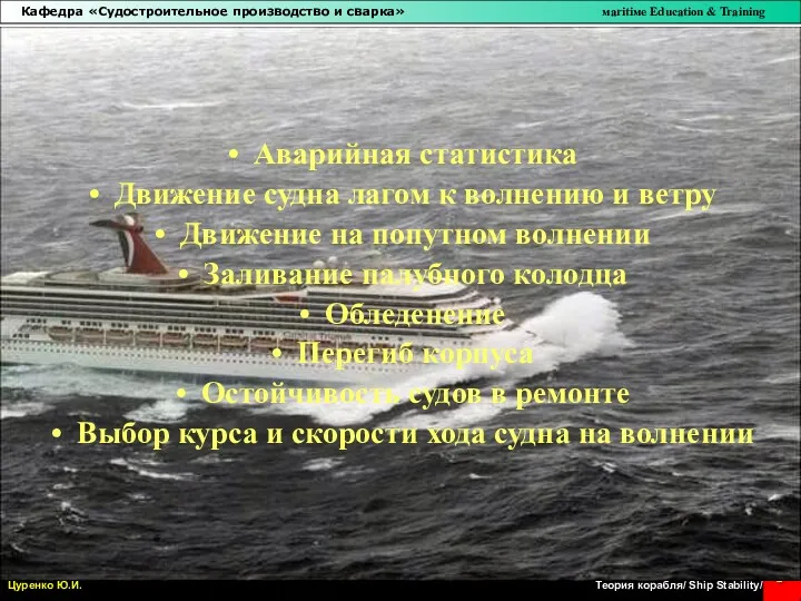 Аварийная статистика Движение судна лагом к волнению и ветру Движение