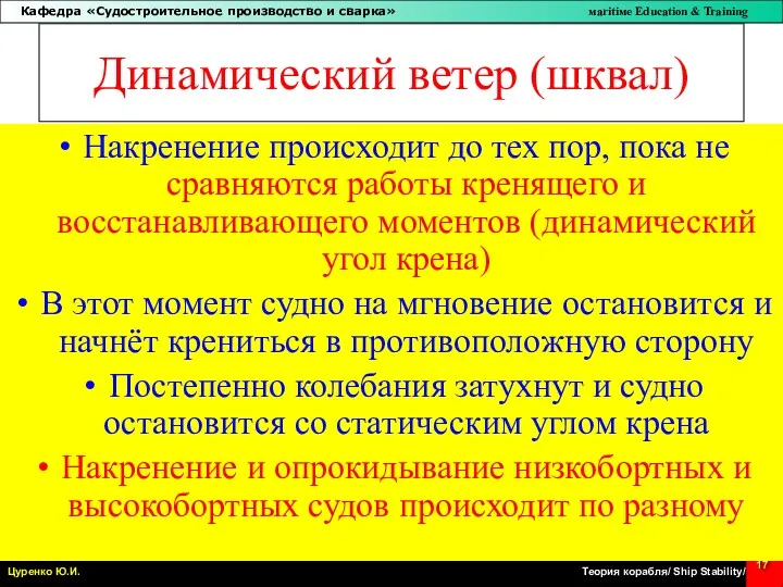 Динамический ветер (шквал) Накренение происходит до тех пор, пока не