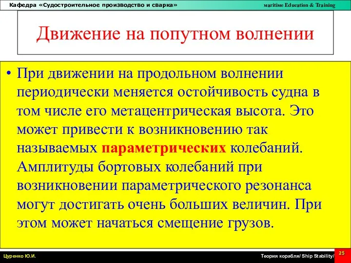 Движение на попутном волнении При движении на продольном волнении периодически