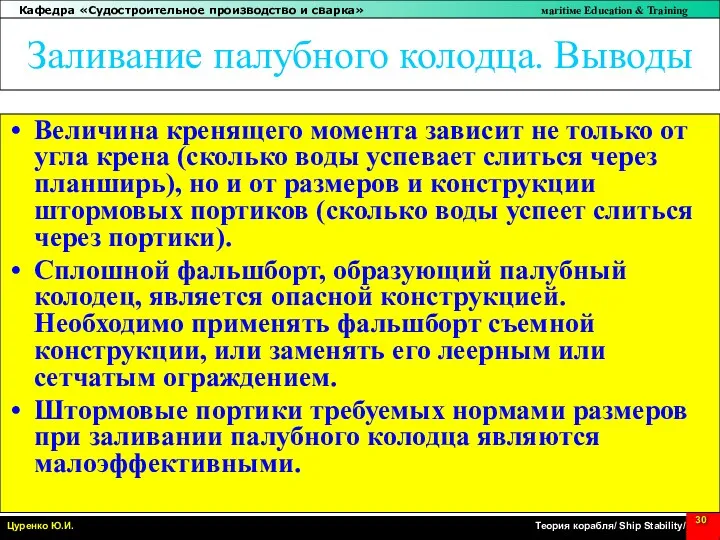 Заливание палубного колодца. Выводы Величина кренящего момента зависит не только