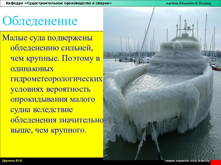 Обледенение Малые суда подвержены обледенению сильней, чем крупные. Поэтому в