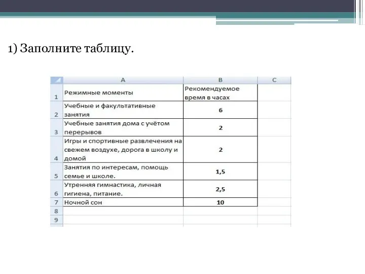 1) Заполните таблицу.