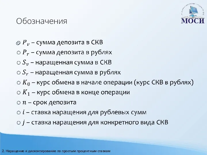 Обозначения 2. Наращение и дисконтирование по простым процентным ставкам