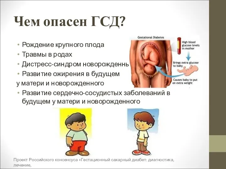 Чем опасен ГСД? Рождение крупного плода Травмы в родах Дистресс-синдром