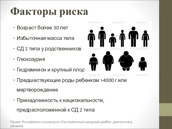 Факторы риска Возраст более 30 лет Избыточная масса тела СД