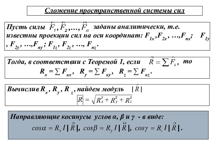 Пусть силы Вычислив Rх , Rу , R z ,