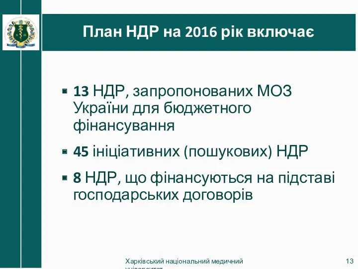 План НДР на 2016 рік включає 13 НДР, запропонованих МОЗ України для бюджетного