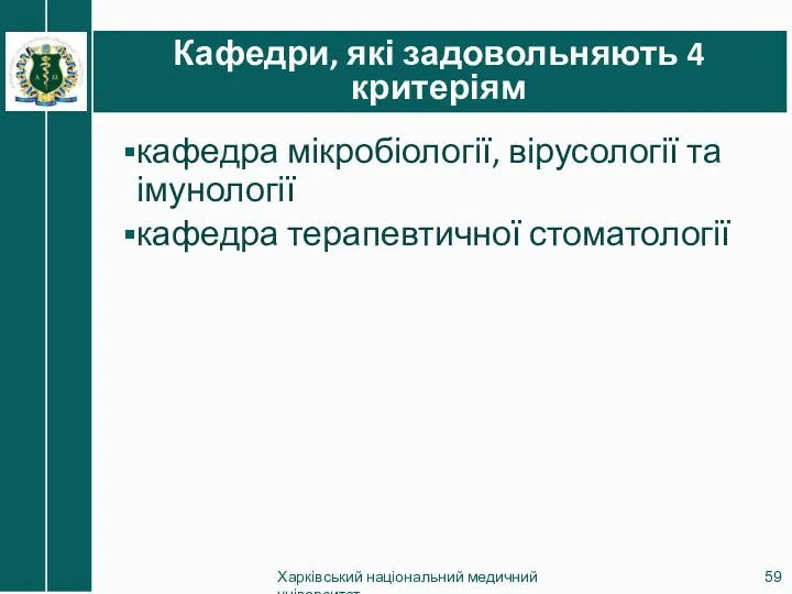 Кафедри, які задовольняють 4 критеріям Харківський національний медичний університет кафедра мікробіології, вірусології та