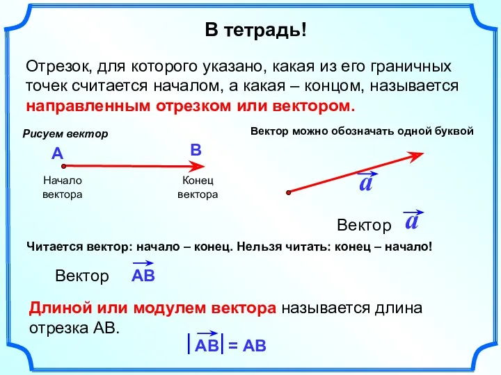 Длиной или модулем вектора называется длина отрезка АВ. Отрезок, для