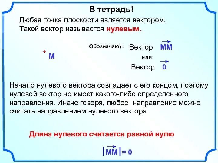 Любая точка плоскости является вектором. Такой вектор называется нулевым. Длина нулевого считается равной