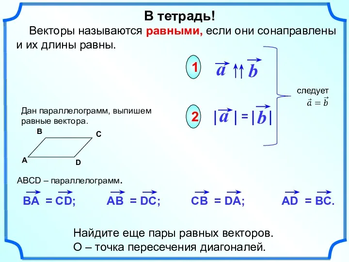 Векторы называются равными, если они сонаправлены и их длины равны. 1 2 Найдите