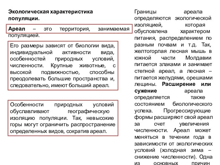 Экологическая характеристика популяции. Ареал – это территория, занимаемая популяцией. Его