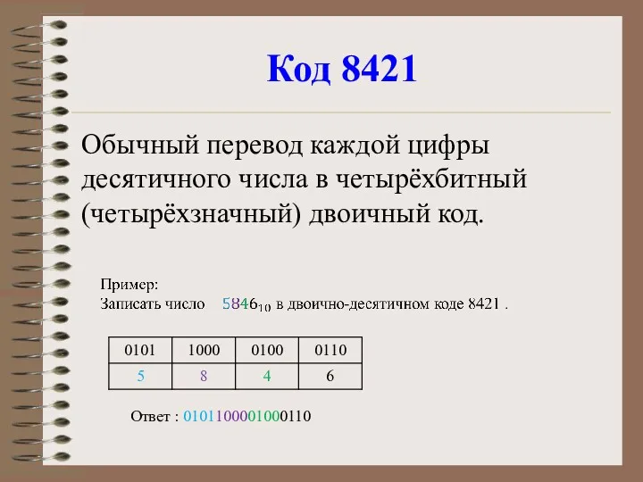 Код 8421 Обычный перевод каждой цифры десятичного числа в четырёхбитный (четырёхзначный) двоичный код. Ответ : 0101100001000110