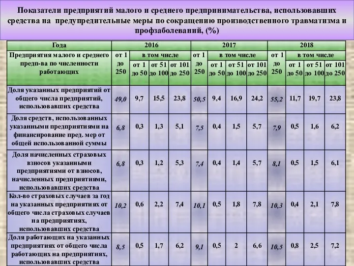 Показатели предприятий малого и среднего предпринимательства, использовавших средства на предупредительные