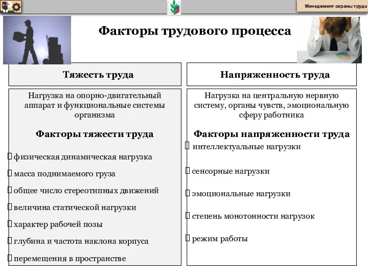 Факторы трудового процесса Тяжесть труда Напряженность труда Нагрузка на опорно-двигательный