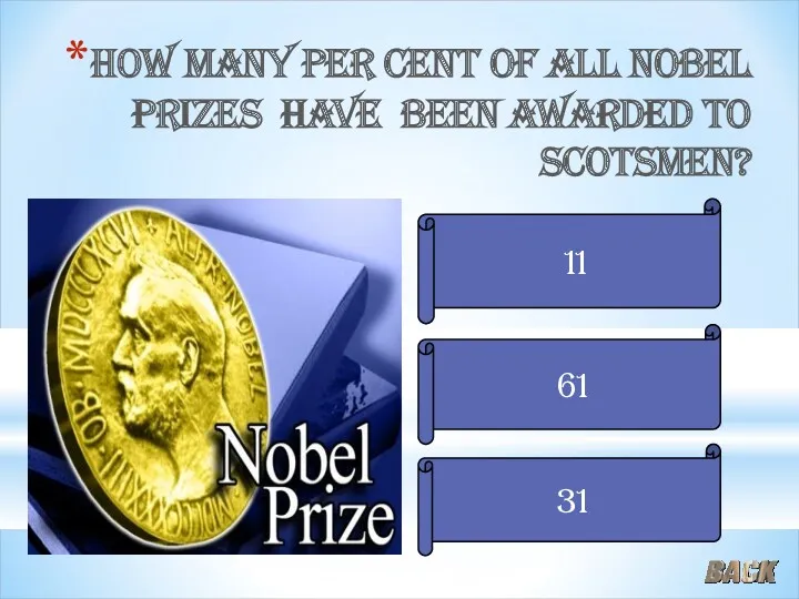 How many per cent of all Nobel prizes have been awarded to scotsmen? 11 31 61