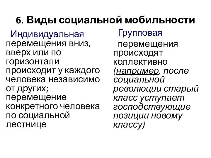 6. Виды социальной мобильности Индивидуальная перемещения вниз, вверх или по