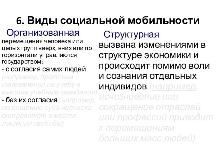 6. Виды социальной мобильности Организованная перемещения человека или целых групп